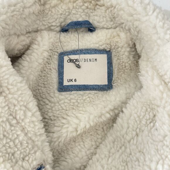 Asos Sz 2 Oversized Sherpa Neckline Faux Fur Trucker Jean Borg Denim Jacket - Picture 9 of 13